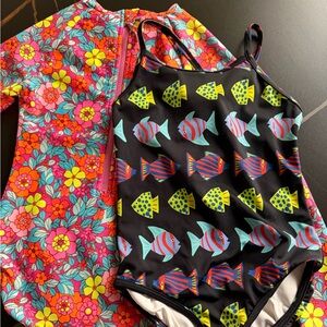 Hanna Andersson Black One-Piece Swimsuit with Bright Fish Print and Cat & Jack